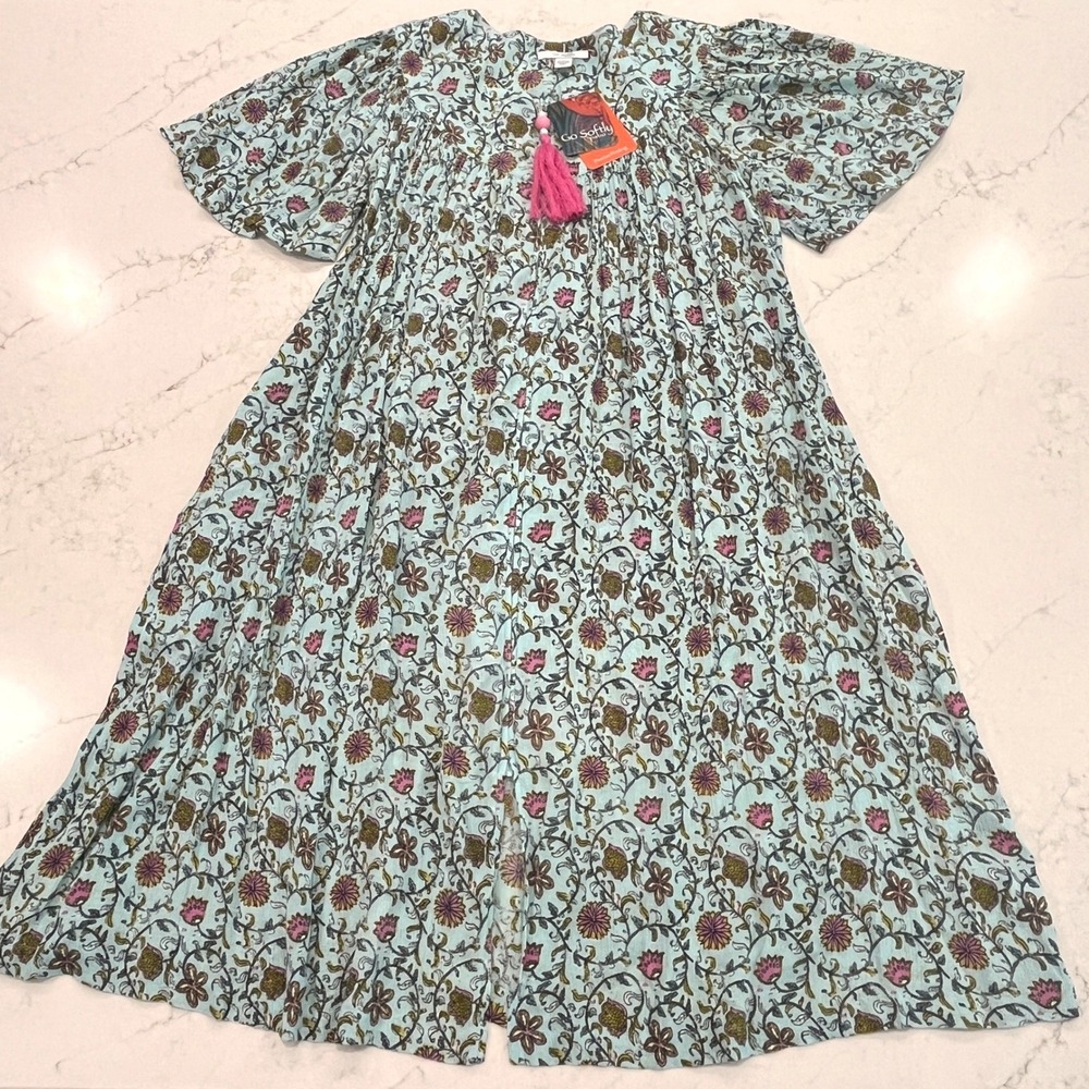 Go Softly NEW Patio Dress Full Zip Womens M Aqua Floral Rayon Crinkle Lounge